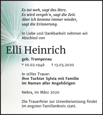 Traueranzeige von Elli Heinrich von Super Sonntag Naumburg/Nebra