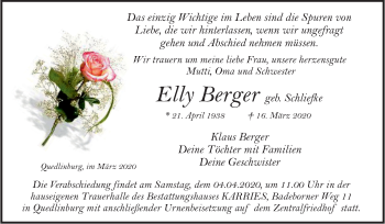 Traueranzeige von Elly Berger von Super Sonntag Quedlinburg