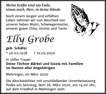 Traueranzeige von Elly Grobe von Super Sonntag Aschersleben
