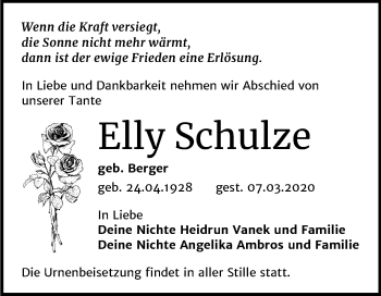 Traueranzeige von Elly Schulze von Mitteldeutsche Zeitung Wittenberg