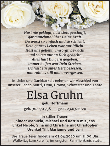 Traueranzeige von Elsa Gruhn von Mitteldeutsche Zeitung Halle/Saalkreis