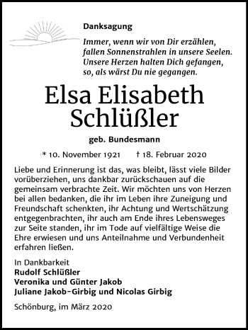 Traueranzeige von Elsa Elisabeth Schlüßler von Wochenspiegel Naumburg/Nebra