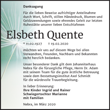 Traueranzeige von Elsbeth Quente von Wochenspiegel Naumburg/Nebra