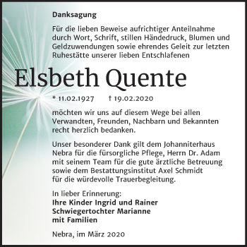 Traueranzeige von Elsbeth Qunte von Mitteldeutsche Zeitung Naumburg/Nebra