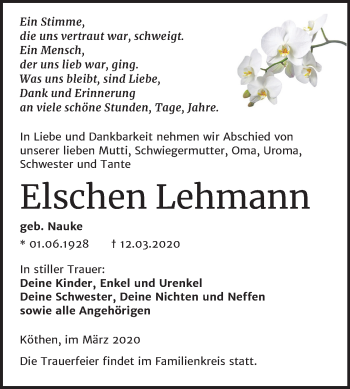 Traueranzeige von Elschen Lehmann von Super Sonntag Köthen