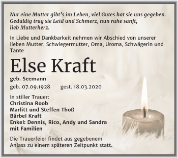 Traueranzeige von Else Kraft von Mitteldeutsche Zeitung Merseburg/Querfurt