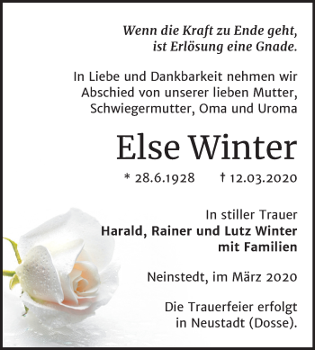 Traueranzeige von Else Winter von Super Sonntag Quedlinburg