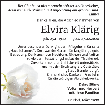 Traueranzeige von Elvira Klärig von Super Sonntag Wittenberg