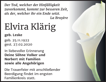 Traueranzeige von Elvira Klärig von Super Sonntag Wittenberg