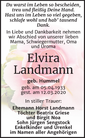 Traueranzeige von Elvira Landmann von Mitteldeutsche Zeitung Halle/Saalkreis