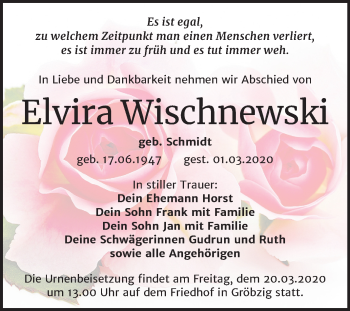 Traueranzeige von Elvira Wischnewski von Super Sonntag Köthen