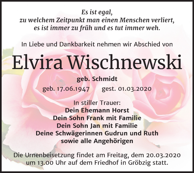  Traueranzeige für Elvira Wischnewski vom 07.03.2020 aus Mitteldeutsche Zeitung Köthen
