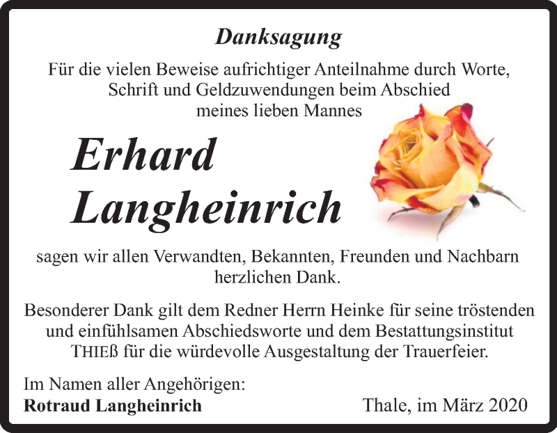  Traueranzeige für Erhard Langheinrich vom 28.03.2020 aus Super Sonntag Quedlinburg