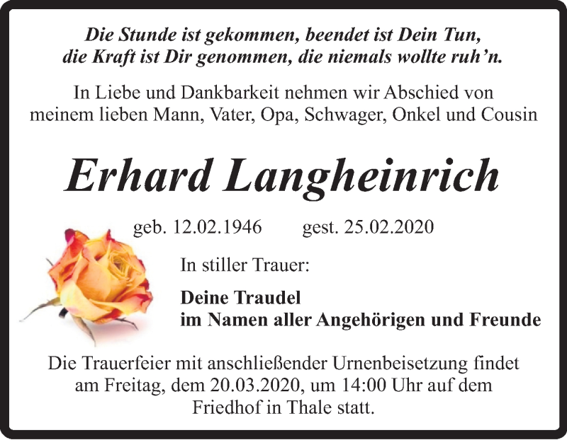  Traueranzeige für Erhard Langheinrich vom 07.03.2020 aus Super Sonntag Quedlinburg