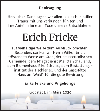 Traueranzeige von Erich Fricke von Super Sonntag Wittenberg