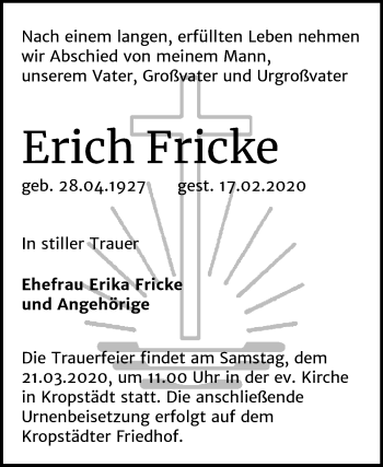 Traueranzeige von Erich Fricke von Super Sonntag Wittenberg