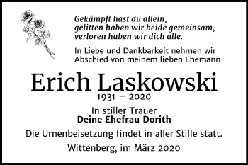 Traueranzeige von Erich Laskowski von Super Sonntag Wittenberg