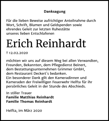 Traueranzeige von Erich Reinhardt von Mitteldeutsche Zeitung Mansfelder Land