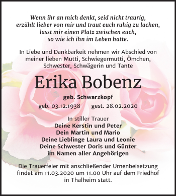 Traueranzeige von Erika Bobenz von Mitteldeutsche Zeitung Bitterfeld