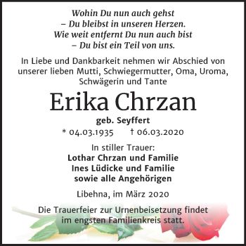 Traueranzeige von Erika Chrzan von Super Sonntag Köthen
