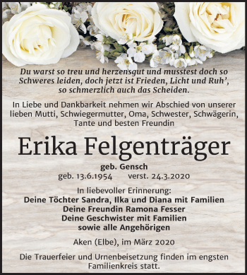 Traueranzeige von Erika Felgenträger von Super Sonntag Köthen