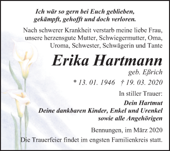 Traueranzeige von Erika Hartmann von Mitteldeutsche Zeitung Sangerhausen