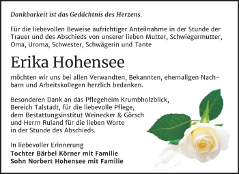 Traueranzeige von Erika Hohensee von Mitteldeutsche Zeitung Bernburg