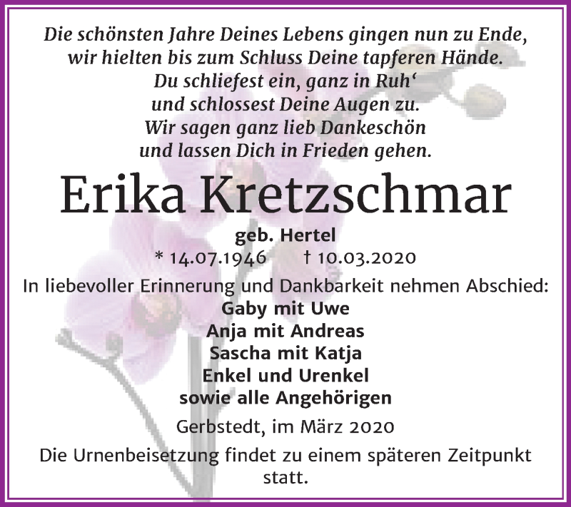  Traueranzeige für Erika Kretzschmar vom 21.03.2020 aus Super Sonntag Mansfelder Land