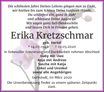 Traueranzeige von Erika Kretzschmar von Mitteldeutsche Zeitung Mansfelder Land