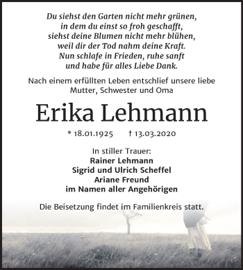 Traueranzeige von Erika Lehmann von Mitteldeutsche Zeitung Wittenberg