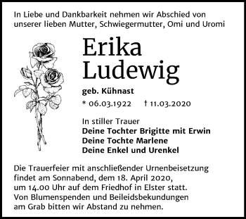 Traueranzeige von Erika Ludewig von Super Sonntag Wittenberg