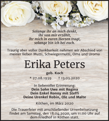 Traueranzeige von Erika Peters von Mitteldeutsche Zeitung Köthen