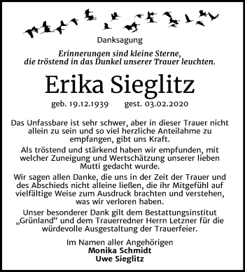 Traueranzeige von Erika Sieglitz von Mitteldeutsche Zeitung Halle/Saalkreis