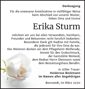Traueranzeige von Erika Sturm von Mitteldeutsche Zeitung Mansfelder Land