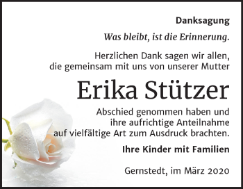 Traueranzeige von Erika Stützer von Wochenspiegel Naumburg/Nebra