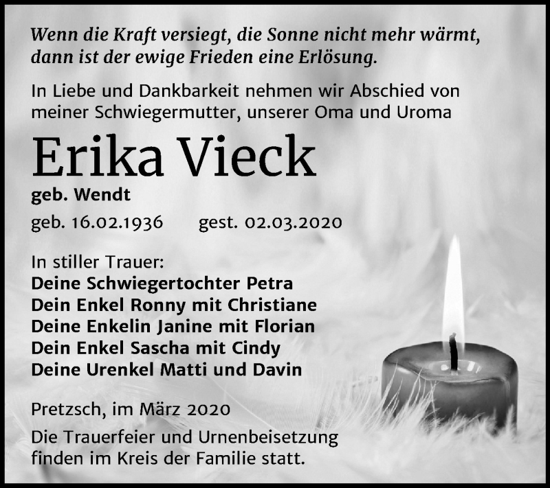  Traueranzeige für Erika Vieck vom 14.03.2020 aus Super Sonntag Wittenberg