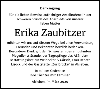 Traueranzeige von Erika Zaubitzer von Super Sonntag Bernburg