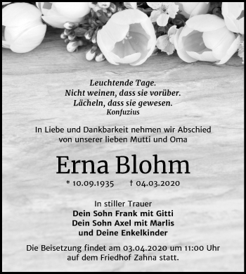 Traueranzeige von Erna Blohm von Super Sonntag Wittenberg