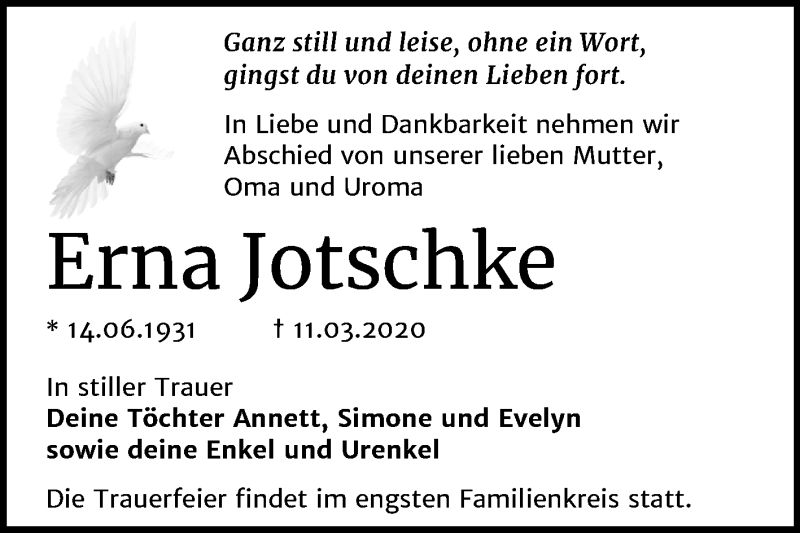  Traueranzeige für Erna Jotschke vom 25.03.2020 aus Wochenspiegel Bitterfeld