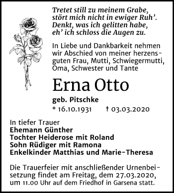 Traueranzeige von Erna Otto von Super Sonntag Bernburg