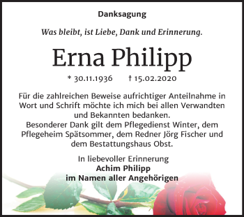 Traueranzeige von Erna Philipp von Mitteldeutsche Zeitung Weißenfels