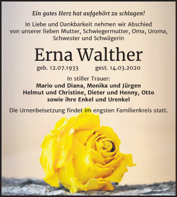 Traueranzeige von Erna Walther von Super Sonntag Mansfelder Land