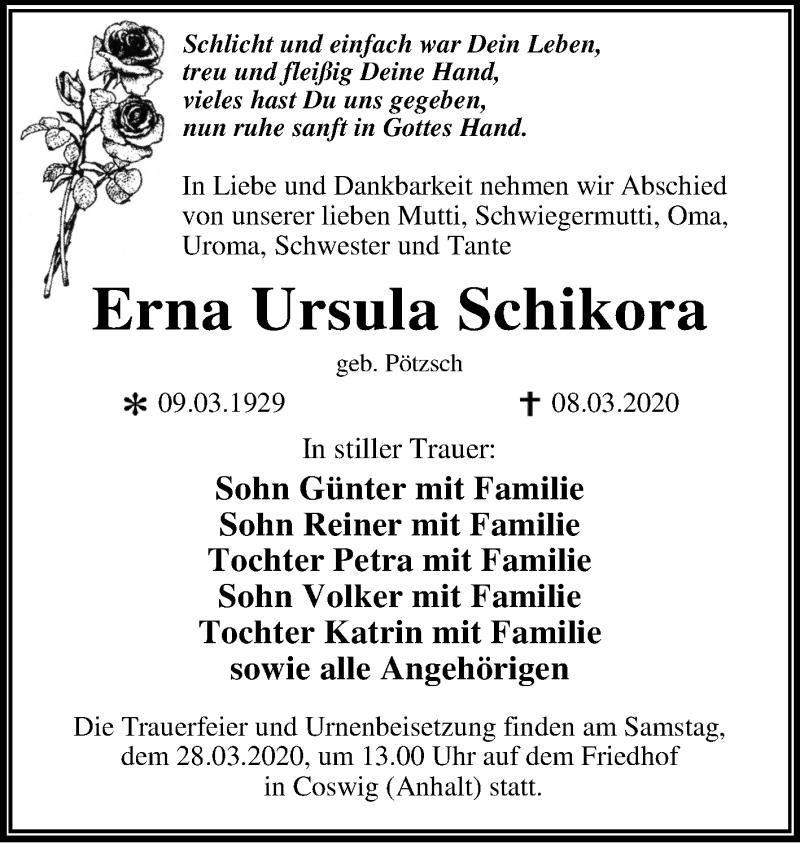  Traueranzeige für Erna Ursula Schikora vom 14.03.2020 aus Super Sonntag Wittenberg