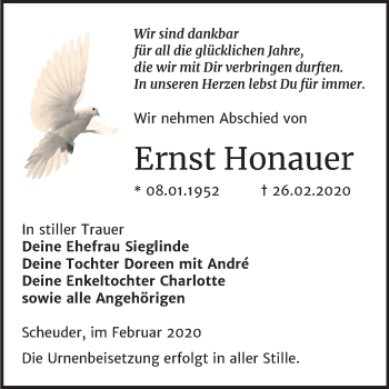 Traueranzeige von Ernst Honauer von Super Sonntag Köthen