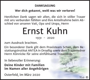 Traueranzeige von Ernst Kuhn von Super Sonntag Zeitz