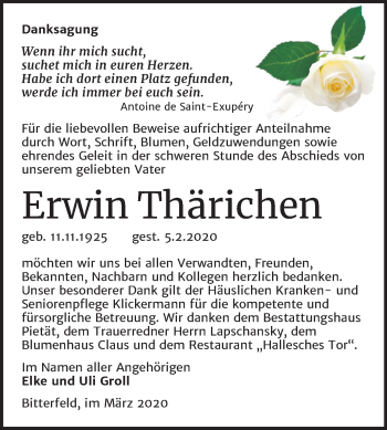 Traueranzeige von Erwin Thärichen von Wochenspiegel Bitterfeld
