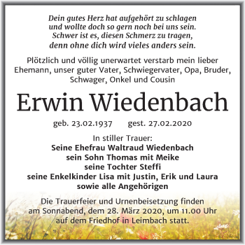 Traueranzeige von Erwin Wiedenbach von Super Sonntag Mansfelder Land