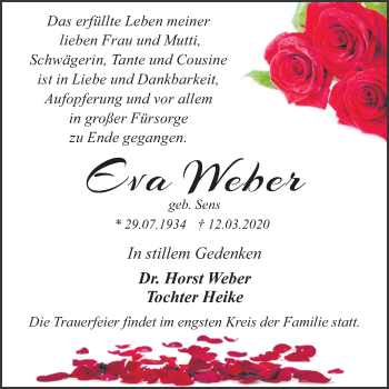 Traueranzeige von Eva Weber von Super Sonntag Dessau-Roßlau