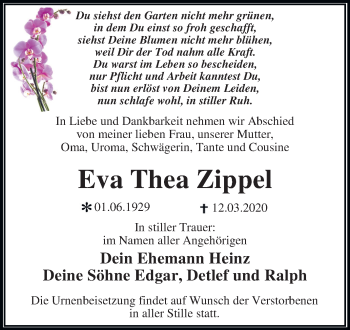 Traueranzeige von Eva Thea Zippel von Super Sonntag Wittenberg