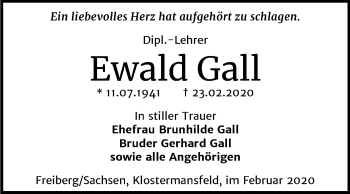 Traueranzeige von Ewald Gall von Super Sonntag Mansfelder Land
